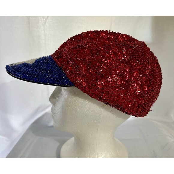 Go Glittery Vintage Red White Blue USA Flag Patriotic Sequin Baseball Cap Hat - Picture 3 of 7